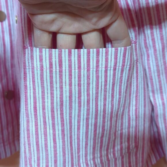 Chico’s Reversible Pink Railroad Striped To Solid Linen Jacket sz 1 Medium - Picture 6 of 10